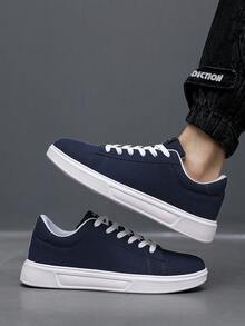 男士新款蓝色时尚简约字母图案撞色系带平底休闲运动鞋，适合日常通勤、户外、轻便舒适的滑板鞋情人节创意 - 撞色 - 查看 8