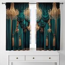 [2pcs Green Velvet Curtains] 2pcs Elegant Green Velvet Curtains, Modern All-Season Design, 100% Polyester, Light Filtering, With Rod Pockets, Easy Hanging, Suitable For Kitchen, Laundry Room, Bedroom, Study, Living Room