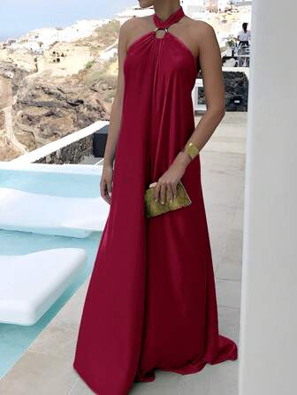 Vestito lungo da spiaggia da donna per l estate con schiena scoperta, incrocio di cinghie e anello a O, senza maniche con fiocco frontale