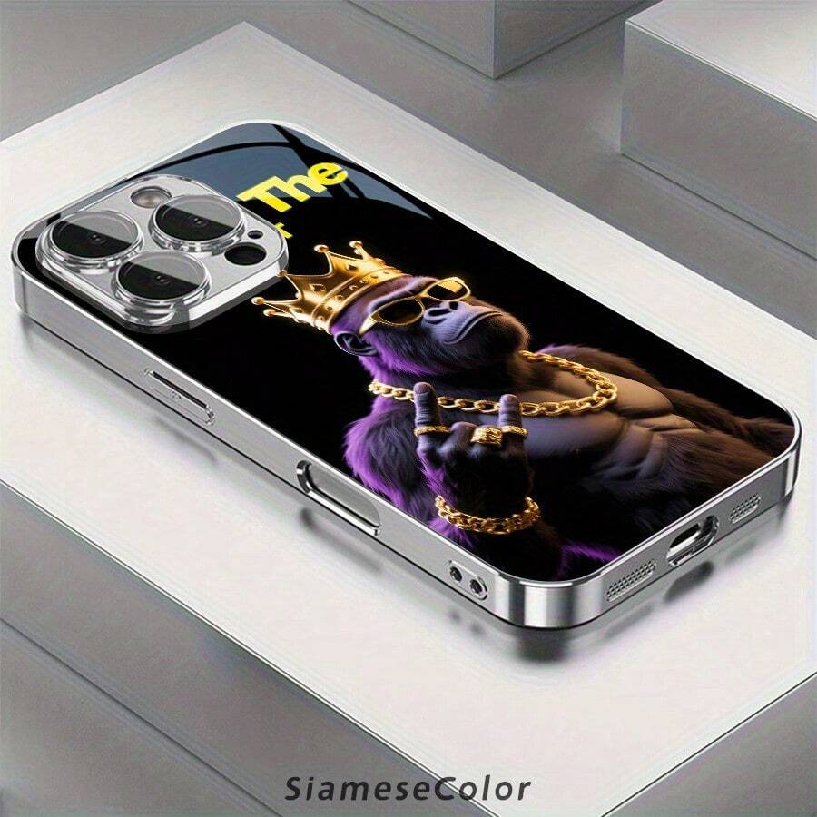 Street King Hip-Hop Pattern Glass Phone Case For IPhone 16 Pro Max/15/14 Plus/13/12/11, Anti-Slip, Lightweight,  Design, Suitable For Both Men And Women, Phone Case - Silver - View 1