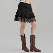 Women Y2K Black White Lace Mini Skirt Low Rise Half Slip Underskirt Ruffle Pleated Layered Flowy Short Skirts - 黑色 - 查看 6