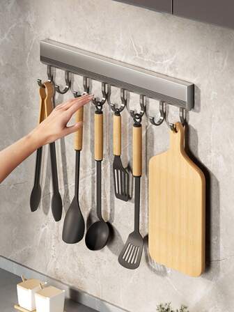 1个免钻孔壁挂式厨房挂钩，8个挂钩，多功能收纳整理挂钩，可移动挂钩节省空间，适用于浴室、卧室、门后、厨房、玄关等家居装饰，圣诞装饰家居，门后挂钩，墙钩，壁挂挂钩，衣帽钩，浴室配件，衣帽架，墙面置物架