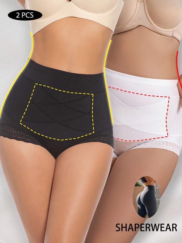 2pcs Women's High Waist Panties Lace Waist Trainer Sheath Flat Belly Panty Abdomen Control Shapewear Tummy Contorl Underwear Reducing Body Shaper Briefs