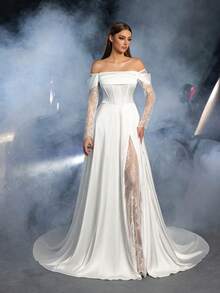 Off-The-Shoulder Lace Sleeve High Slit Wedding Dress | Classic Satin Fabric With Luxurious Train | Elegant Bridal Gown For Wedding Ceremony, Church Service, Red Carpet, Luxury Wedding Reception, Bridal Photoshoot - White - View 4