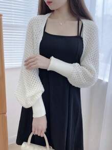 1pc Women High Quality Long Sleeve Thin Knit Shawl Cover Up, Hollow Out Design, Summer Lightweight Outwear