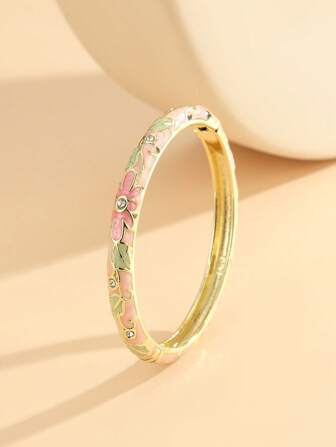 1pc Fashion New Style Gold Plated Flower Pattern Enamel Cloisonne Bracelet Bangle Jewelry Gift For Girls Women