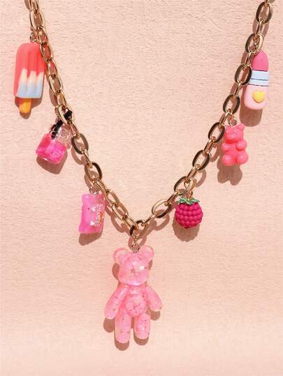 1pc Funky Jewelry Pink Cute Bear Charm Pendant Necklace, Summer Cartoon Ice Cream Candy Lipstick Multi-Element Charms Necklace DIY Personalized Creative Women Jewelry