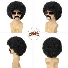 Ensemble de costume disco des années 70/80 pour hommes en 5 pièces - Perruque afro bouclée, lunettes de mode bleues, collier pendentif doré "Disco", chapeau en filet élastique et barbe - Convient pour les fêtes, les jeux de rôle et la décoration d'Halloween