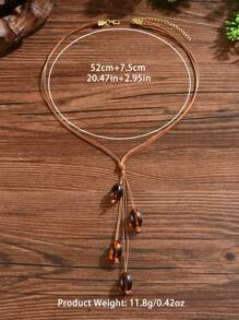 1pc Bohemian Style Elegant Oval Tassel Y-Shaped Long Necklace, Suitable For Women's Daily Wear Or Beach Vacation
