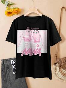 Camiseta para mujer con estampado de anime Nana, fresas y gafas, estilo manga shojo - Negro - Ver 2