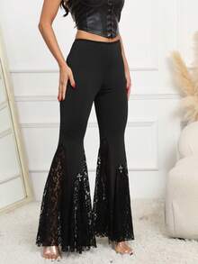 Calça gótica sexy justa cintura alta patchwork renda flare - Preto - Ver 4