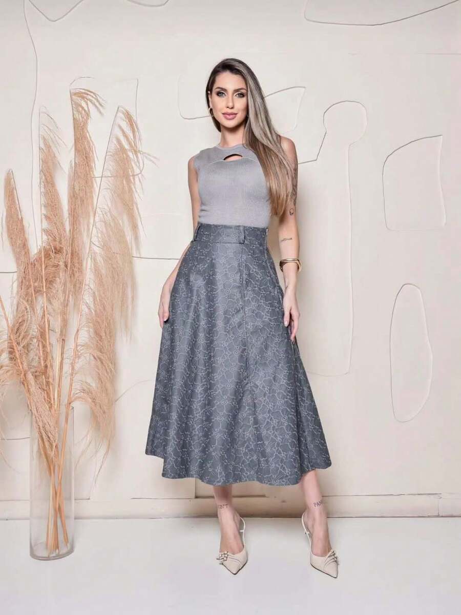 Elegant Midi Leather Skirt With Winter Flower - Grey - View 1