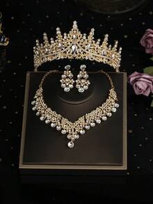 1 Bộ trang sức thời trang cưới Phụ kiện cô dâu, Vương miện đính đá, Vòng cổ & Hoa tai sang trọng Bộ trang sức 4 món, Thích hợp cho váy cưới, Tiệc tùng, Tụ tập - Vàng - Xem 2