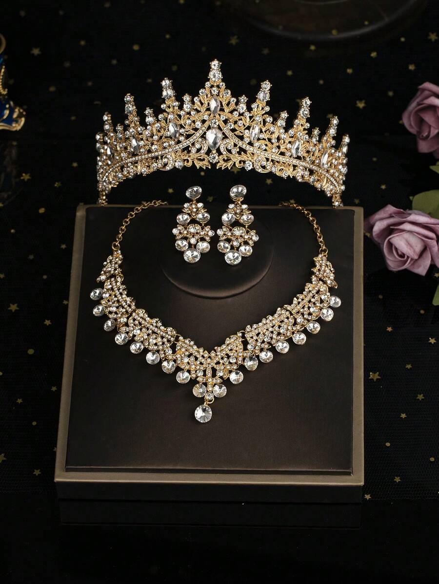 1 Bộ trang sức thời trang cưới Phụ kiện cô dâu, Vương miện đính đá, Vòng cổ & Hoa tai sang trọng Bộ trang sức 4 món, Thích hợp cho váy cưới, Tiệc tùng, Tụ tập