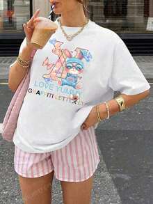 YOKASA Camiseta de mujer con estampado de letras de dibujos animados - Blanco-ZM230 - Ver 1