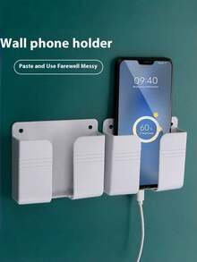 1pc Wall Mount Phone Holder, Sticky PC Material, Remote Control Storage Rack, Suitable For Bathroom, Kitchen, Hotel Bedside - Smartphone Charging Station Compatible With IPhone, Android Phone, Gift For Birthday, Family, Friends Phone Stand, Phone Accessories - White - View 10