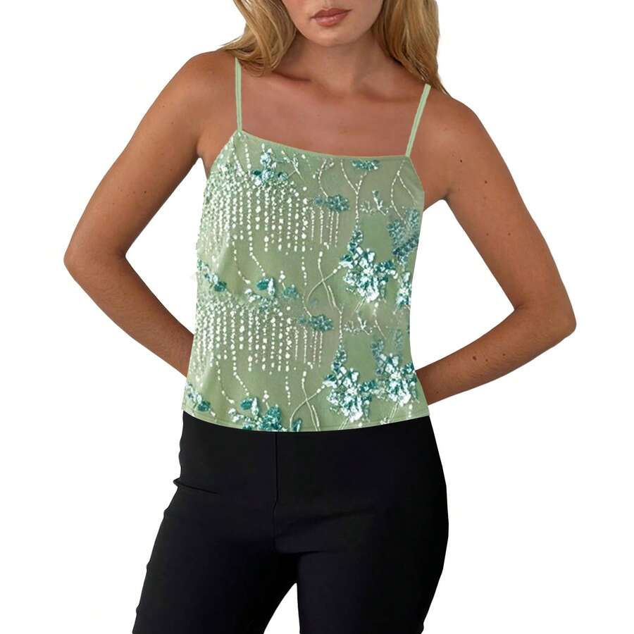 Women Summer Camisole Casual Sequin Embroidery Tie Up Backless Spaghetti Straps Tank Tops Sleeveless T-Shirt