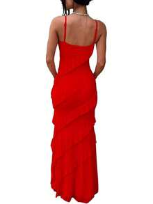 Women's Backless Bodycon Spaghetti Strap Elegant Ruffle Maxi Cocktail Party Dresses, 2025 QMO3 - 紅色 - 查看 6