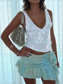 Women's Y2K Sequin Tank Tops Sparkly Slim Fit Sleeveless Vest Deep V Neck Open Back Crop Tops Summer Casual Going Out Tops Streetwear - 白色 - 查看 1