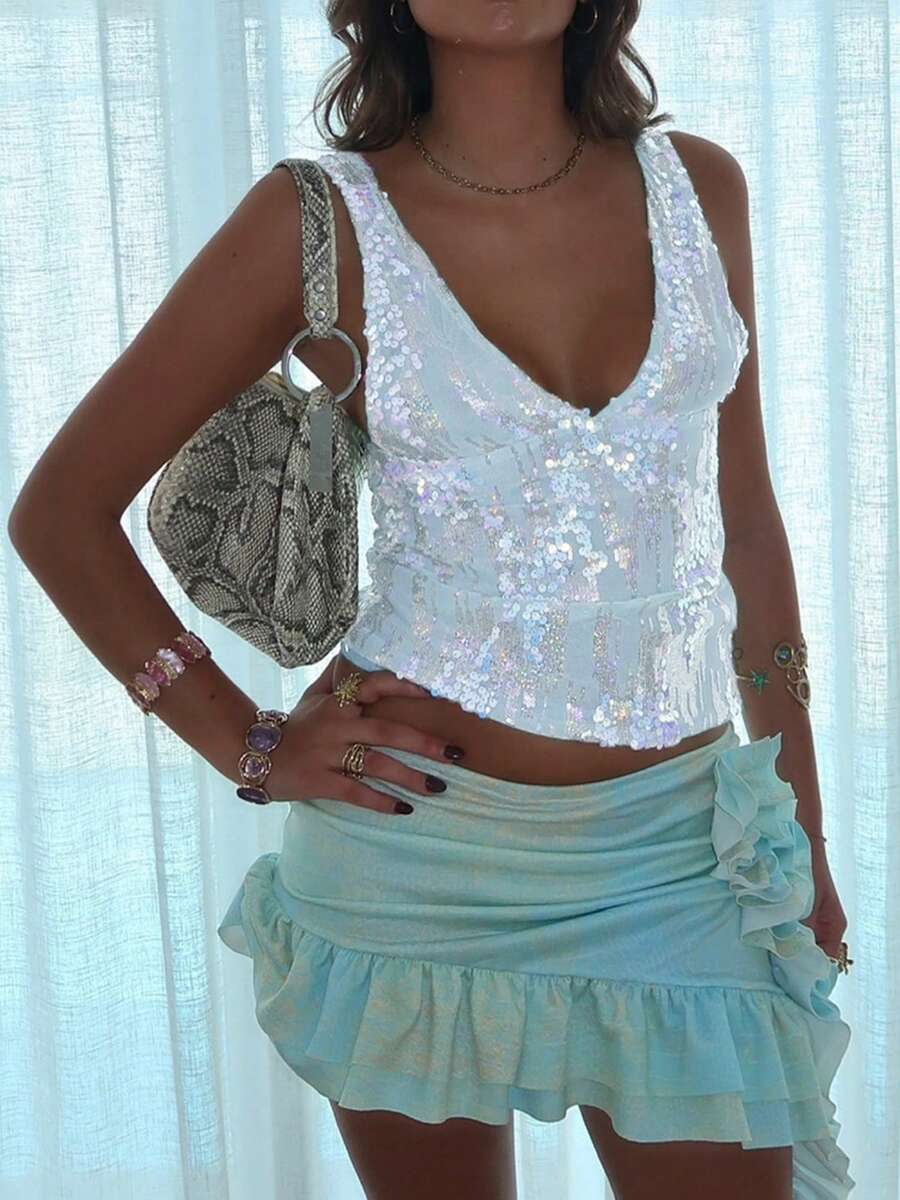 Women's Y2K Sequin Tank Tops Sparkly Slim Fit Sleeveless Vest Deep V Neck Open Back Crop Tops Summer Casual Going Out Tops Streetwear - 白色 - 查看 1