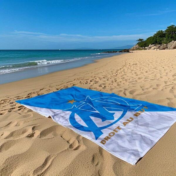 1pc OM Droit Au But Beach Towel - Quick-Dry Sand-Free Lightweight Polyester Blend, Modern Blue & White Striped Rectangular Towel For Beach, Pool, Travel & St. Patrick's Day Celebrations - Perfect Holiday Gift, Poolside Accessory | Sporty Design | Quickdry Fabric, Beach Towel Beach Essentials
