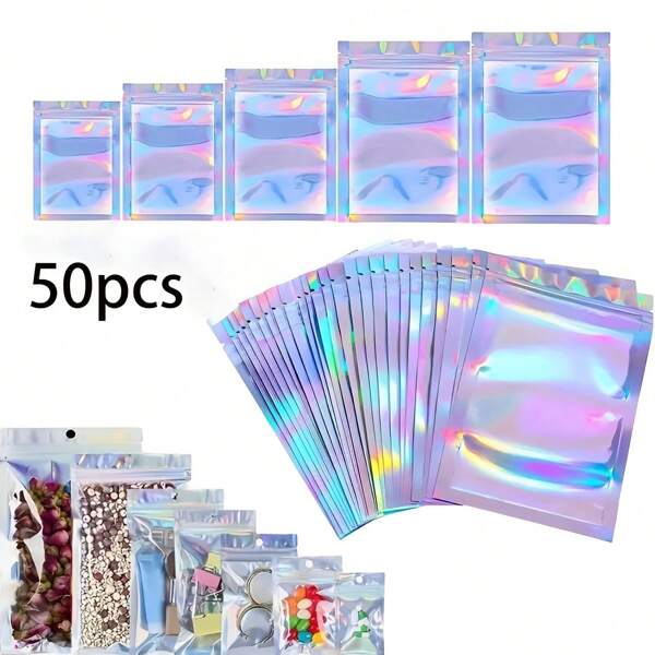 50 piezas de bolsas de película de poliéster, bolsas antiolor con ventanas transparentes y bolsas holográficas resellables para aperitivos, galletas, joyas, dulces y embalaje sellado, útiles escolares, vuelta al cole