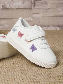 1 双幼儿女孩白色蝴蝶刺绣休闲运动鞋，舒适轻便，百搭时尚软底婴儿学步鞋，春秋季