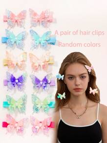 2pcs Colorful Sequined Cute Butterfly Hair Clips, Decorative Hair Accessories, 3D Butterfly Hair Clip Set, Alloy Butterfly Hair Clips With Rhinestone Decor