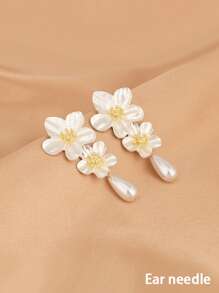 Conjunto de 2 peças de brincos longos de flor branca com pérola falsa, acessório de moda elegante para mulheres sem orelhas furadas