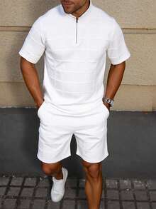 Textured Cable Plaid Polo Shirt Set, Slim Fit, Summer - White - View 1