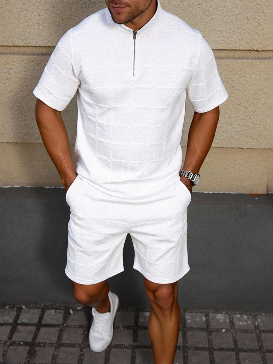 Textured Cable Plaid Polo Shirt Set, Slim Fit, Summer - White - View 1