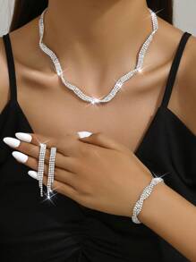 Conjunto elegante de joyería nupcial para boda y fiesta de 3 piezas, incluyendo collar ondulado brillante, aretes y pulsera