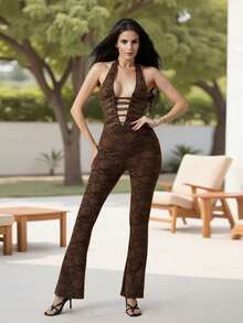 Women Lace Jumpsuits Halter Neck Cross Backless Sleeveless Long Rompers Summer Slim Playsuits Clubwear - Dark Brown - View 2
