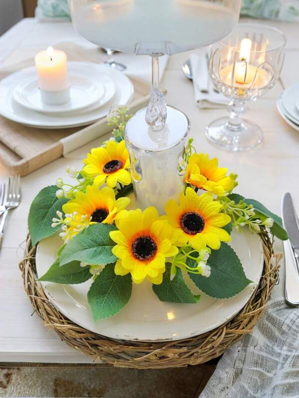 1pc Autumn Fake Sunflower Plants Leaves Candles Rings, Fall Artificial Silk Flowers Plant Wreath Candles Holder, Plastic Small Floarl Farmhouse Wreath For Wedding Arrangement,Table Centerpiece, Garden, Yard, Birthday, Hanging Doors Decor ,Home Art Atmosphere Thanksgiving Day Decoration Gift