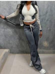 2pcs/Set European Style Women's Striped Colorblock Zipper High Waist Drawstring Pants Suit, All Season