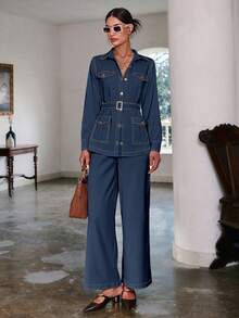 Sollinarry 女士秋季新款拼接口袋装饰长袖上衣和裤子休闲两件套，复古风格，适合教师 - 藏蓝色 - 查看 3