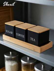 3 件套带竹盖的密封咖啡储存罐 - 方形铁艺艺术展示容器，用于咖啡豆、茶、零食和干粮、厨房食品储藏室整理（3 件套）