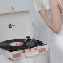 キュリオシティ ブルートゥース ターンテーブル レトロ スーツケース 3速度 レコードプレーヤー 内蔵スピーカー付き (アイボリーベルベット) - なし - チェックする 5