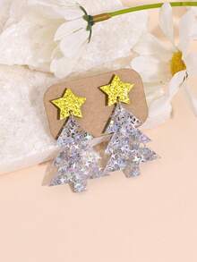 1 对圣诞卡通闪光星和彩色圣诞树亚克力耳环，适合女性日常佩戴、圣诞派对和庆祝活动，树颜色随机 - 彩色 - 查看 10