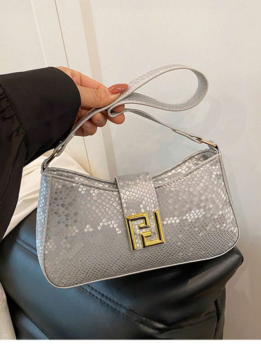 New Fashion Snake Skin Print Solid Color Crossbody Bag, Minimalist Versatile Handbag For Women - Silver - View 1