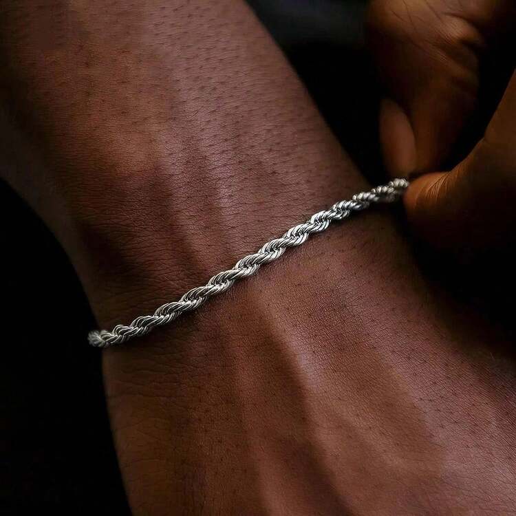 Simple Silver Color Stainless Steel Twist Chain Bracelet For Men Hip Hop Jewelry - Silver - View 3