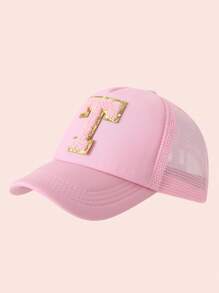 1 pièce Casquette en maille avec impression de 26 lettres rose pour enfant, casquette de baseball unisexe pour bébé avec visière, convient aux activités extérieures et à l'usage quotidien, protection solaire