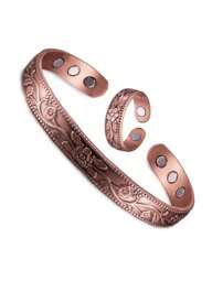 1 set Bracelet et bague à l'énergie de fleurs de prunier de couleur bronze vintage. Convient pour les fêtes, les cadeaux, le port quotidien pour hommes et femmes