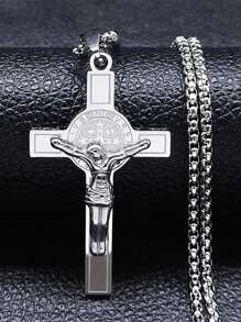 Collar de acero inoxidable con colgante de cruz de Jesús dorado/plateado con el emblema de San Benito para hombres