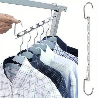 1PC 37cm Multifunctional Space-Saving Metal Hangers With Hook, 6 Hole Design, Iron Clothing Wardrobe Organizer For Coats, Shirts, Blazers, Dresses, And Accessories, Durable Slim Frame For Tight Bedroom Closets, Efficient Closet System, Crisp Matte Finish, Lightweight Yet Sturdy, Versatile Everyday Use, Ideal For Capsule Wardrobe And Small-Space Organization
