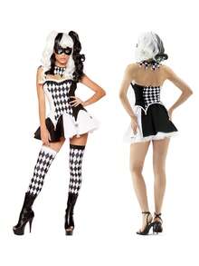Women's Black White Diamond Harlequin Clown Costume, Circus Jester Outfit Set With Mask & Stockings For Halloween, Cosplay, Masquerade, Themed Party - 黑色 - 查看 7