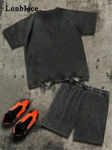 Lonblece 男士复古休闲运动套装，美式风格，水洗做旧外观，高端宽松百搭，短袖T恤和短裤套装