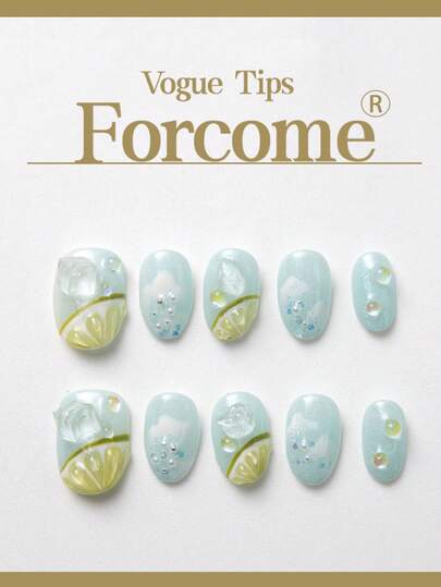 10 piezas Puntas de uñas de burbujas de verano, uñas postizas de verano lindas y geniales, uñas postizas hechas a mano de óvalo corto, suministros de uñas