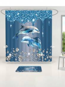 1 Stück/4 Stück Delfin Muster Multi-Funktionale Dekorative Wasserdichte Duschvorhang mit 12 Haken, rutschfeste Badematte, U-förmige Toilettenvorleger und runde Toilettenabdeckung, Badezimmer-Set für alle Badszenarien, Badezimmer-Accessoires Schulanfang