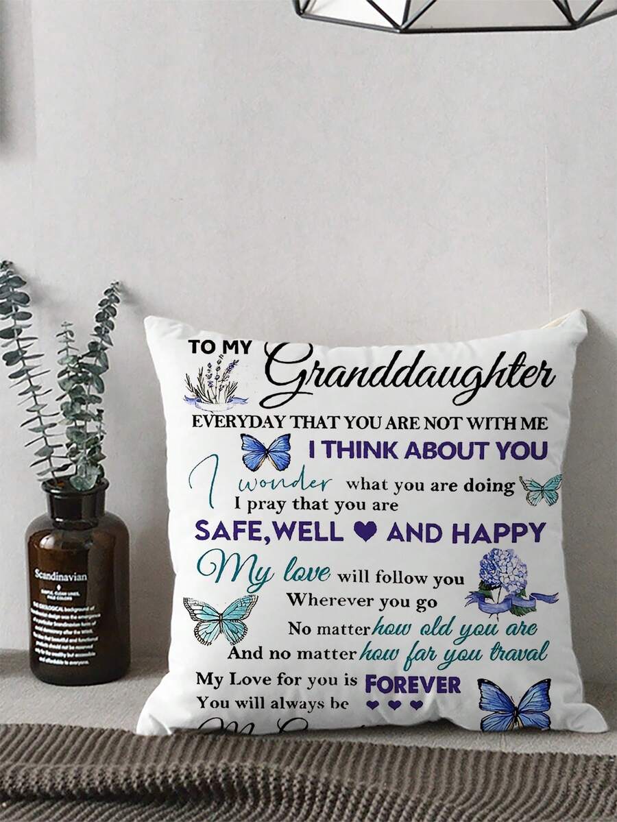 1 pieza Funda de cojín decorativo con carta de la nieta a los ancianos - Diseño de impresión de carta cómoda, tela suave de felpa de poliéster, impresión unilateral - 3 opciones de tamaño (no incluye relleno del cojín)